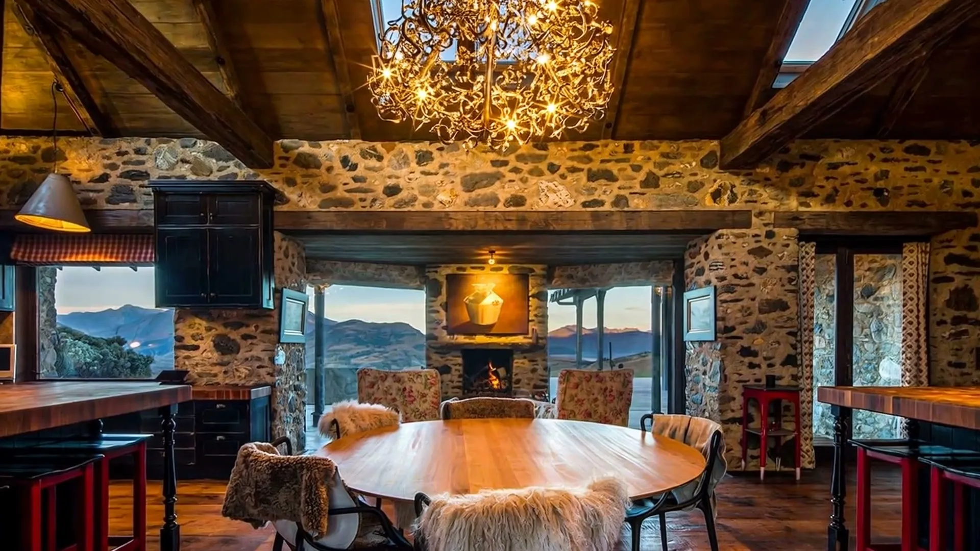 Dining hall at dusk — frame from the Verdan property film